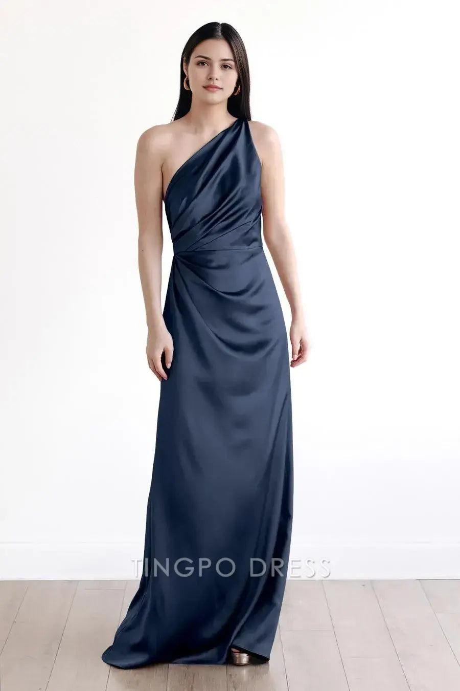 TingPo Wholesale Elegant One-Shoulder Solid Color Pleated Dress - Ruched Oblique Strap Summer Casual Dress